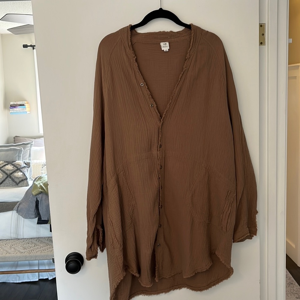 Vici Oversized Button-Down Shirt Jacket in Brown
